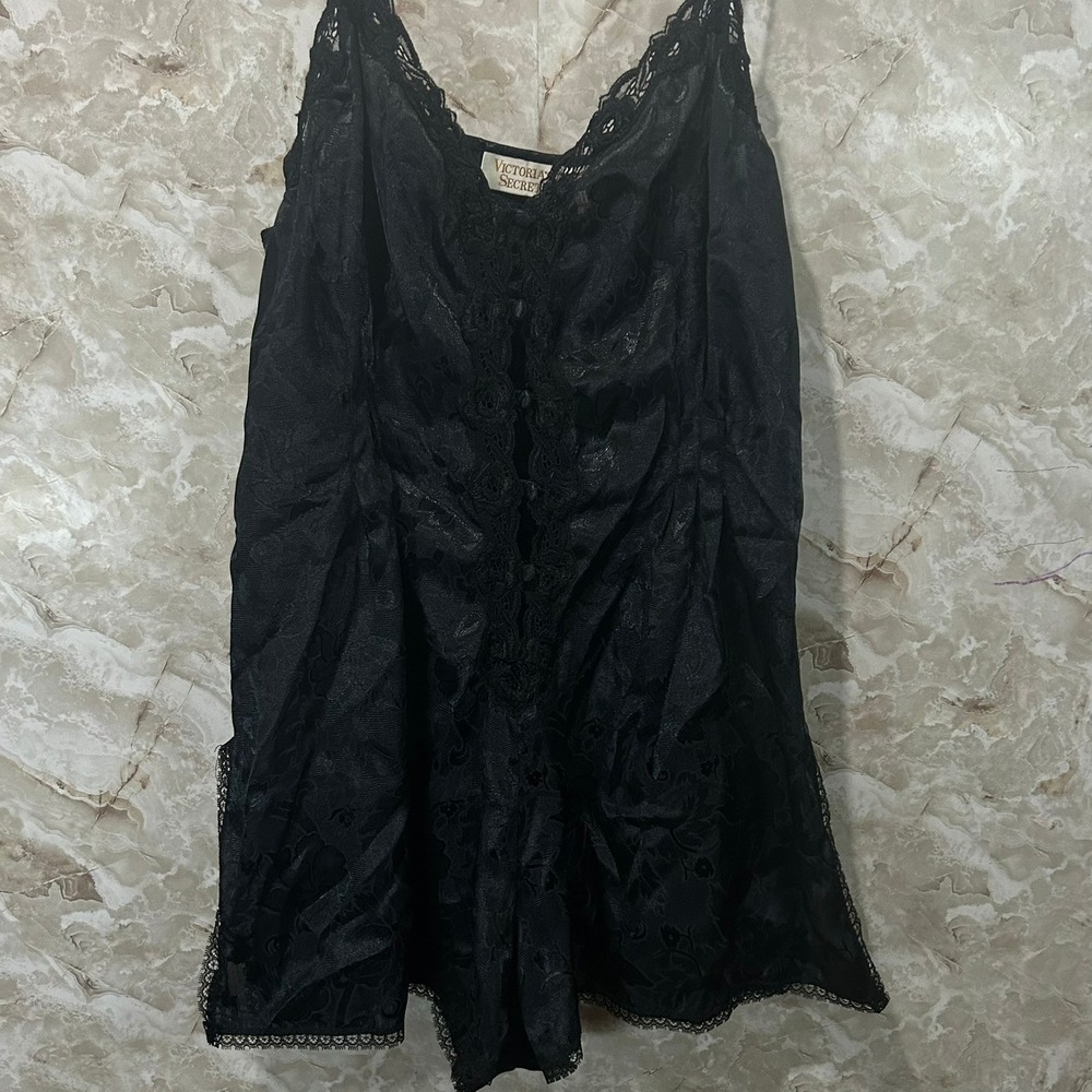 Victoria's Secret Vintage Black Lace Trim Floral Satin Nightie‎ Rombie Womens  L